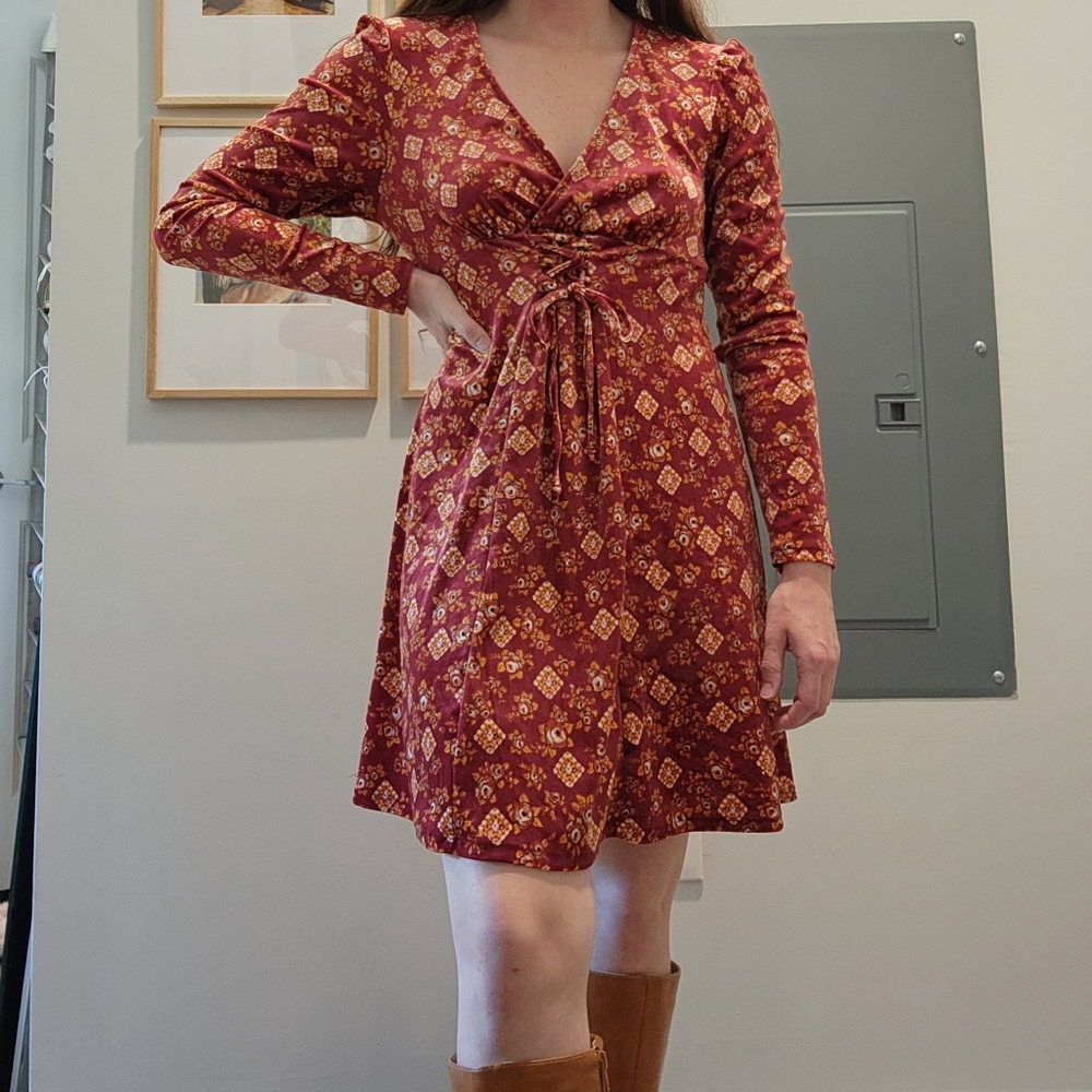 Red Velvet Patterned Long Sleeve Dress